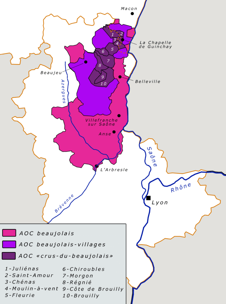 Beaujolais wine map: regions and 10 crus Beaujolais map