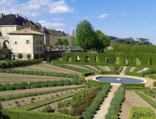 The beautiful jardin à la francaise from chateau de la Chaize, in Beaujolais, is considered the Beaujolais Versailles