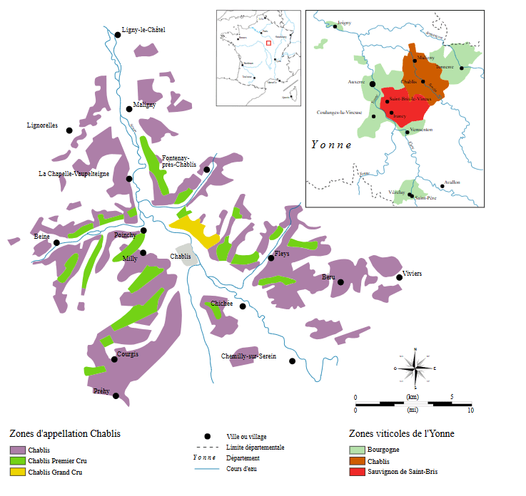 Map of wine region and wine appelations of Chablis, Burgundy