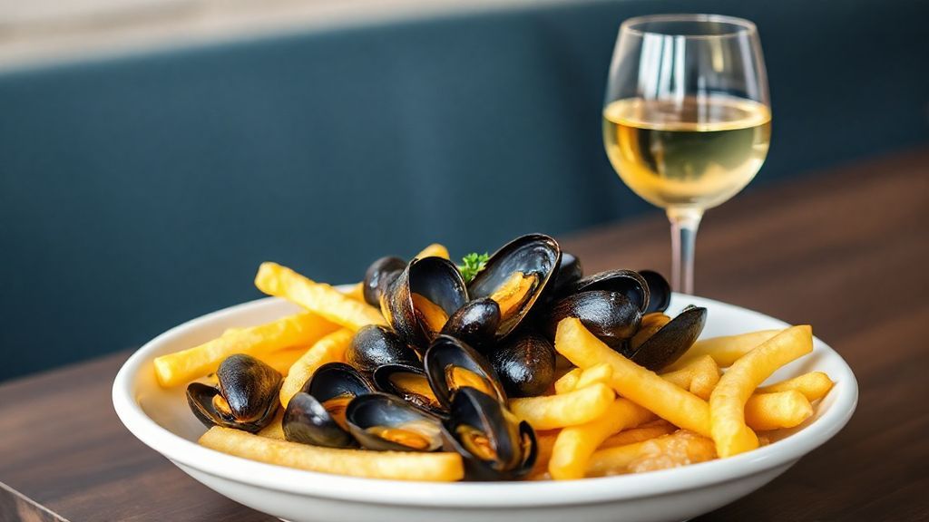 LMussels, french fies and glass of white wine from Belgium