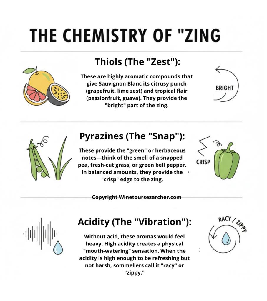 The Zing. Inphography about tghe 3 elements of white wines from Bordeaux Satelites and Entre-Deux-Mers. Acidity, Pirazines, Zests