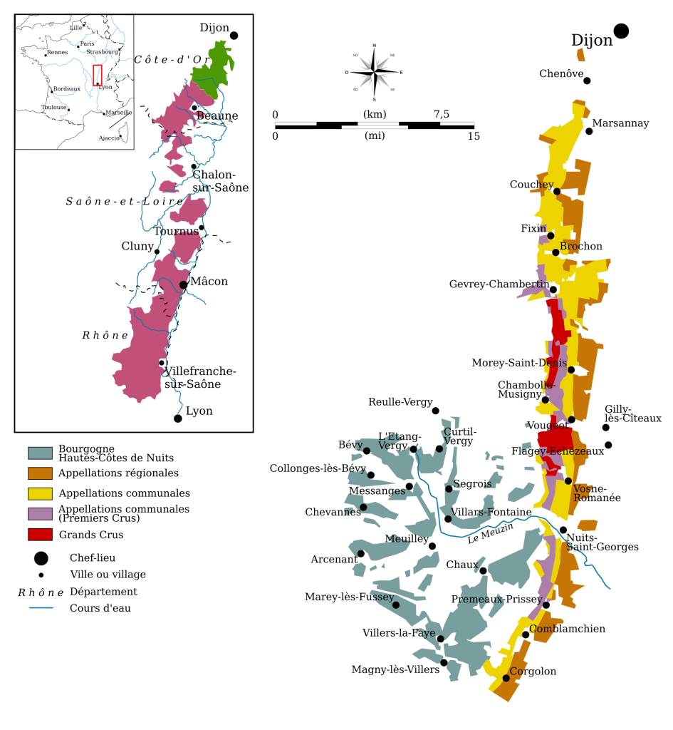 Map of Cote de Nuits wine region inclding all Grands Crus