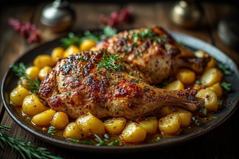 Duck grilled with roasted potatoes, french Bordeaux way