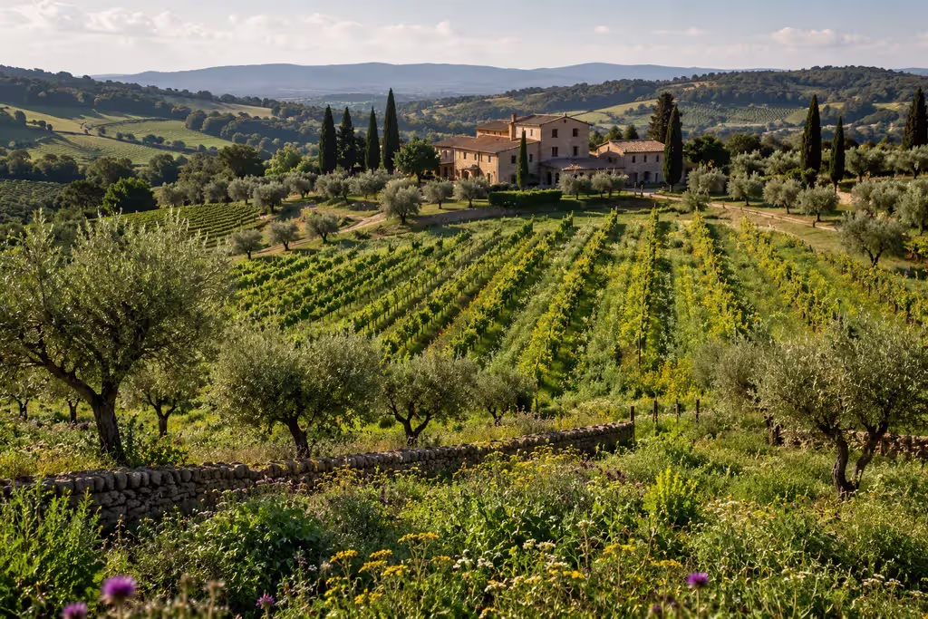 Organic vineyard estate with cover crops, olive trees and thriving biodiversity
