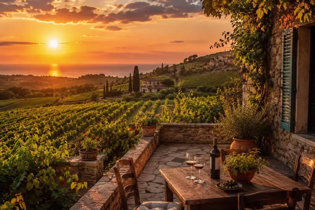 Mediterranean vineyard terrace at golden hour with wine overlooking rolling vineyards, representing Southern European wine culture and lifestyle.