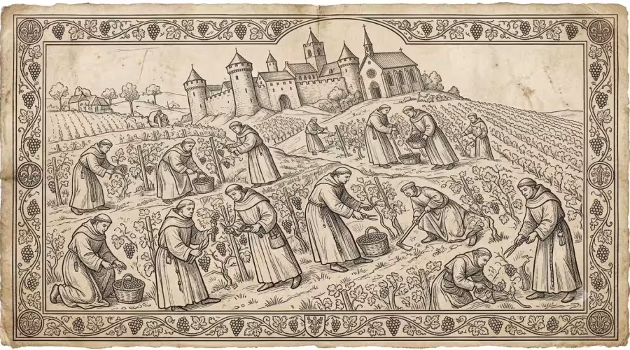 representation of monks in vineyards, during middle age in Europe
