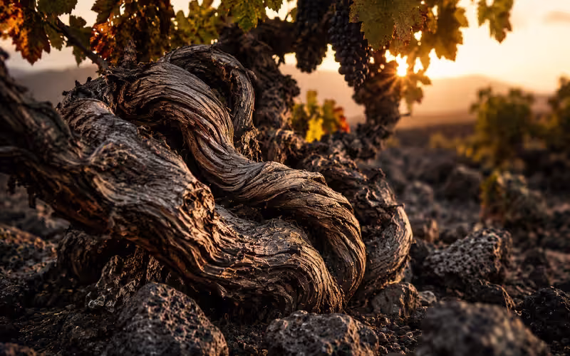 Ancient twisted grapevine growing among volcanic rocks at golden hour, illustrating the resilience and heritage of old vines in Southern Europe's volcanic vineyards.