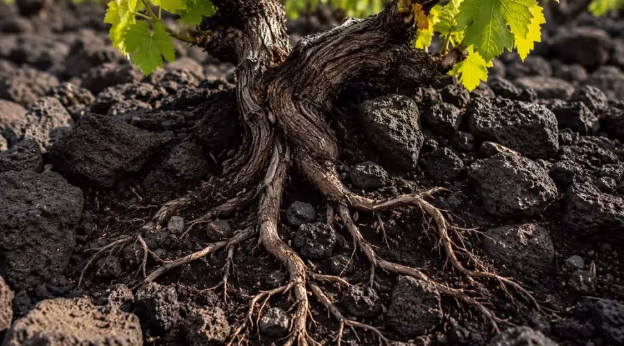 Old grapevine growing through black volcanic soil and lava rocks, with exposed roots illustrating how vines adapt to Southern Europe's volcanic vineyards.