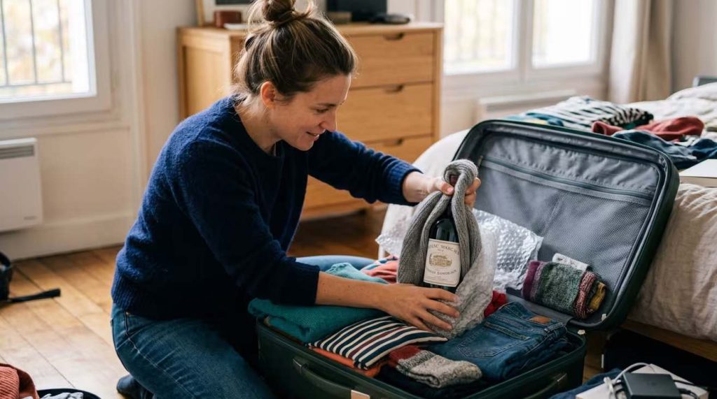 packing wine in luggage-room lady wrapping wine in her luggage