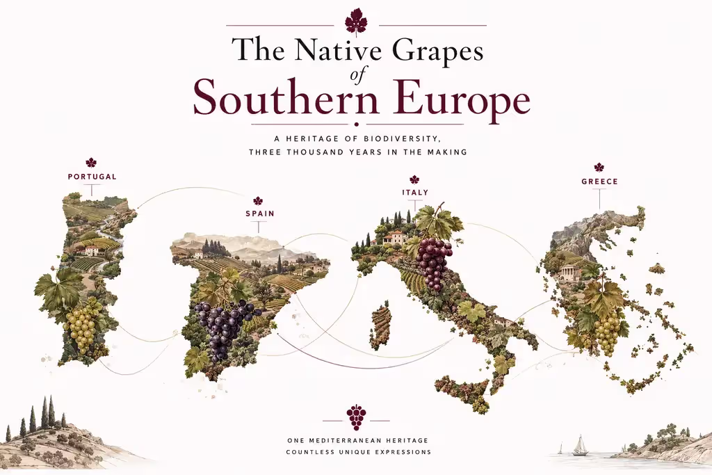 Illustrated map of Southern Europe showing the native grape heritage of Portugal, Spain, Italy and Greece with vineyards, indigenous grape varieties and Mediterranean wine landscapes.