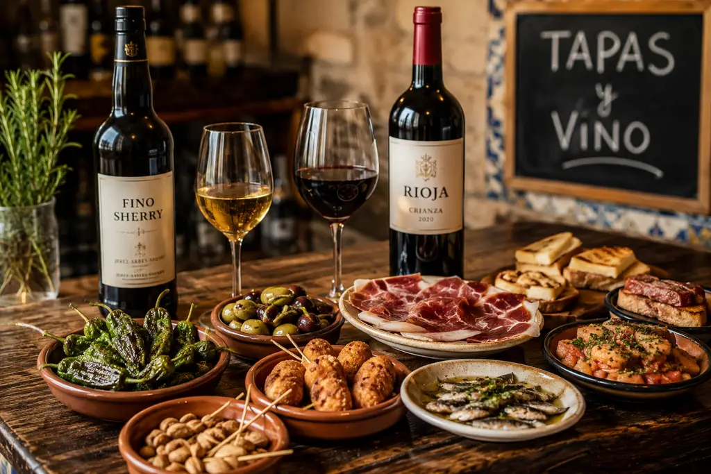 Selection of Spanish tapas with Fino Sherry and Rioja wine, showcasing authentic Spanish food and wine pairing traditions.