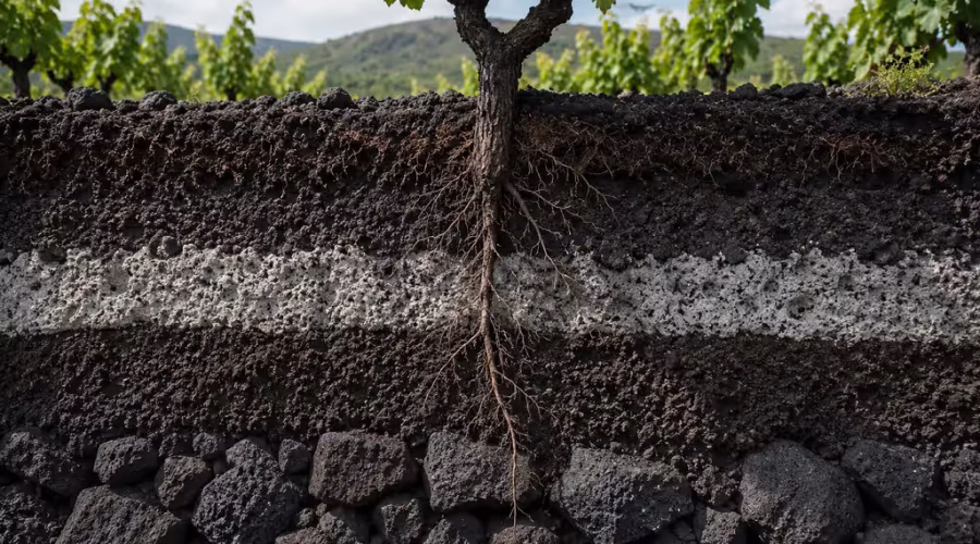Natural cross-section of a volcanic vineyard soil with grapevine roots extending through layers of basalt, volcanic ash and pumice beneath an established vineyard.