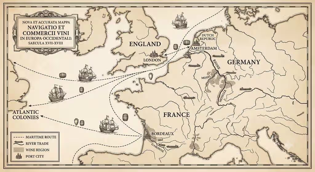 17th century Atlantic wine trade routes connecting Bordeaux England and Dutch Republic maritime networks