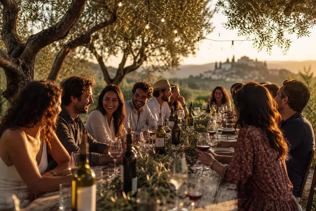 Friends sharing wine around a long outdoor table beneath olive trees in a Mediterranean vineyard at sunset, illustrating Southern Europe's wine culture and hospitality.