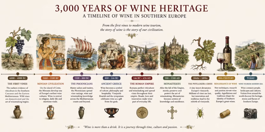 Illustrated timeline of the history of winemaking in Southern Europe, from the first cultivated vines and the Minoan civilization to the Phoenicians, Ancient Greece, the Roman Empire, medieval monasteries, the Phylloxera crisis, the wine renaissance and modern wine tourism.