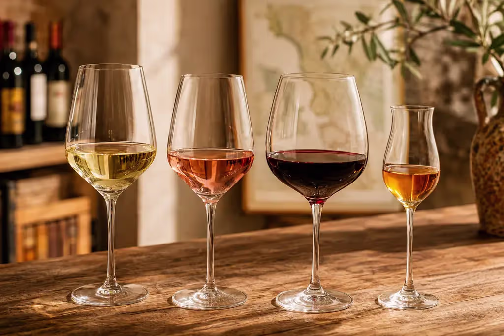 White, rosé, red and dessert wines on a wooden table, representing the main wine styles used in Southern European food and wine pairing.