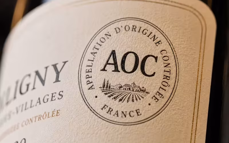 Close-up of a French AOC wine label on a bottle.