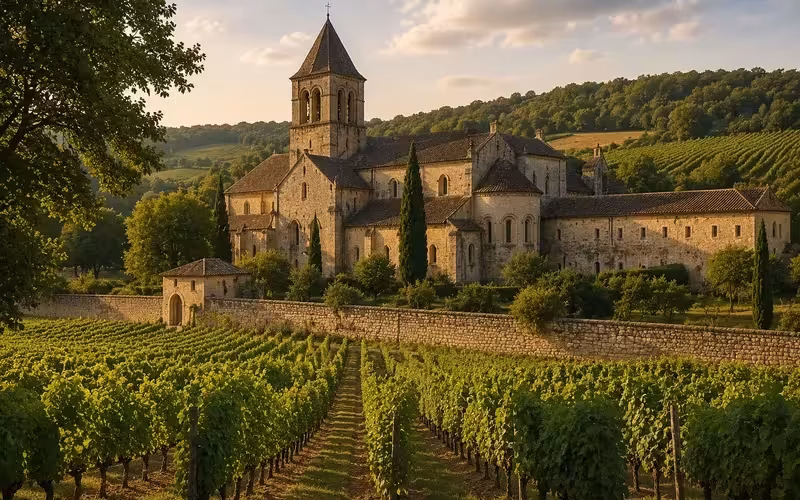 Historic monastery surrounded by vineyards in the French countryside.