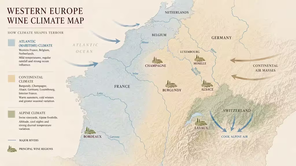 Editorial infographic map of Western Europe illustrating how three major climate zones influence vineyard terroirs. The map includes France, Germany, Switzerland, Belgium, Luxembourg, and the Netherlands