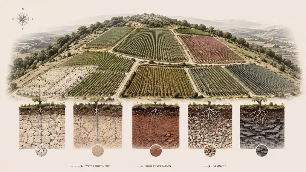 Editorial aerial illustration of a vineyard-covered hillside divided into small parcels, demonstrating how soil types can change across short distances