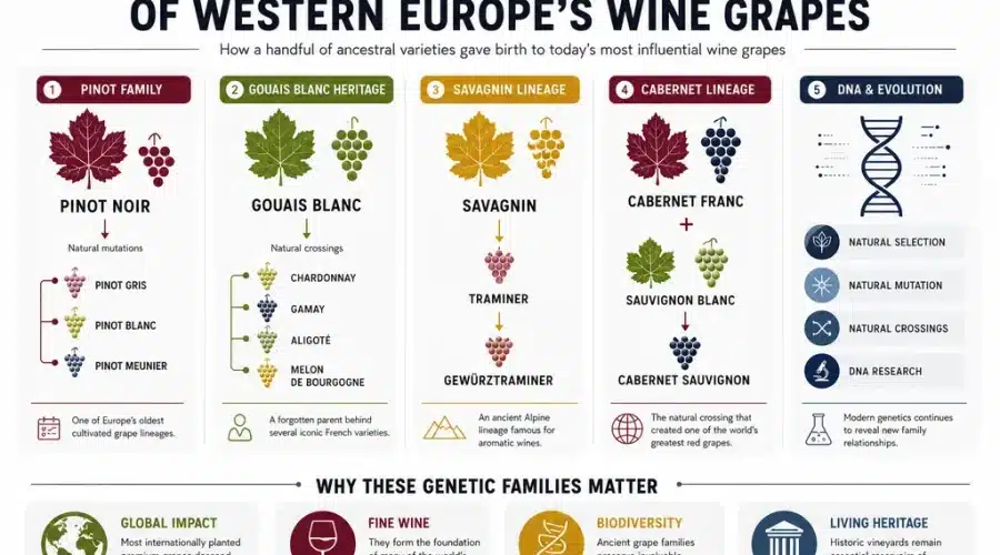 Infographic showing the genetic origins and family tree of major Western European wine grape varieties."