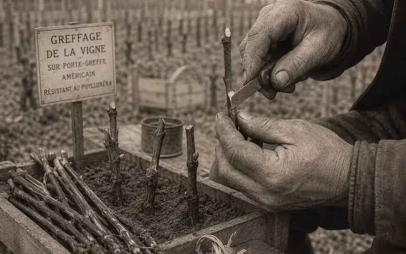Vine grafting onto American rootstock to protect against phylloxera.