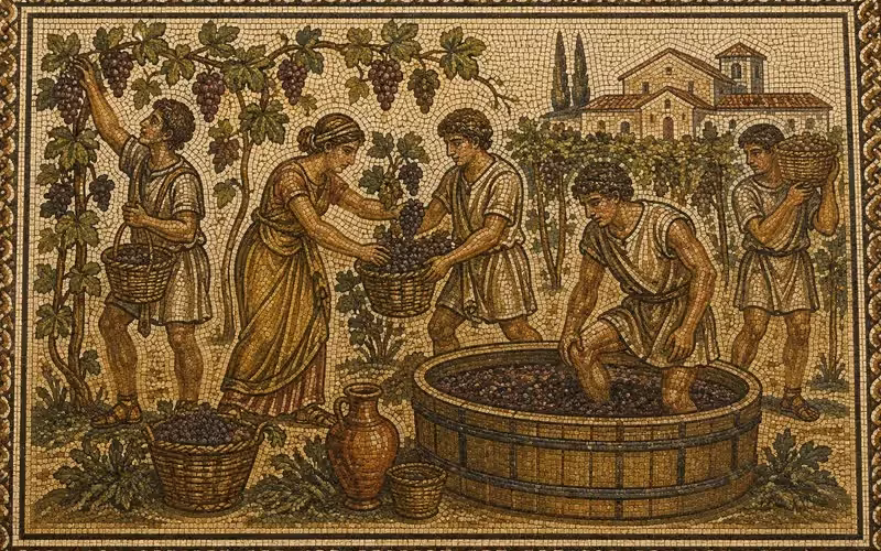 Roman mosaic depicting a traditional grape harvest and winemaking.