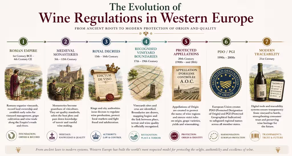Timeline infographic showing the evolution of Western European wine regulations from Roman laws to modern PDO, PGI, and traceability systems.