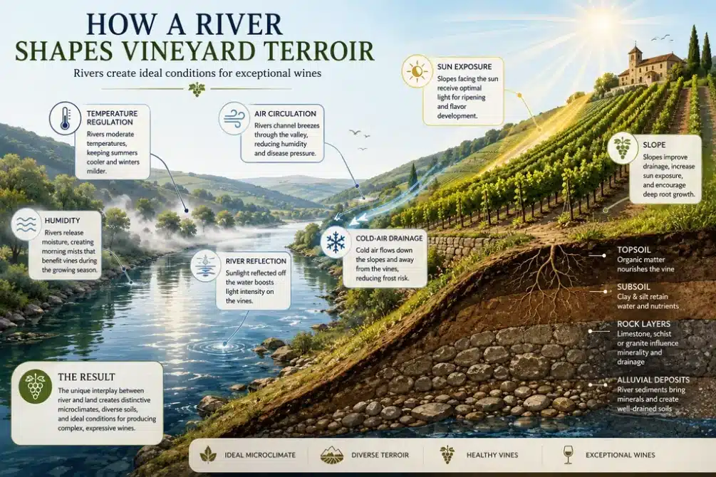 Infographic showing how rivers shape vineyard terroir through climate, sunlight, soil, drainage, and air circulation for quality wine production.