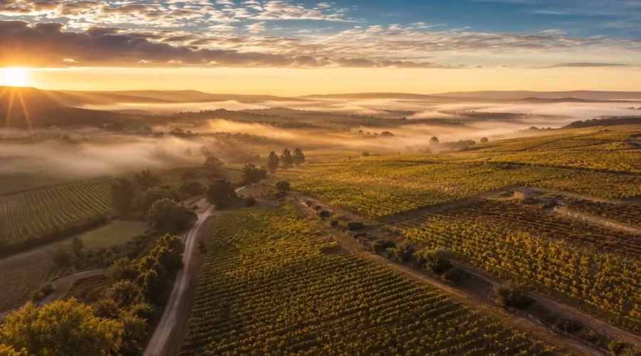 Sunrise over vineyards in the French countryside.