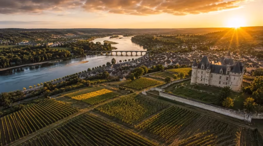 Sunset over the Loire Valley with vineyards, château, and the Loire River.