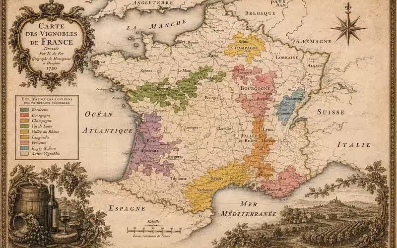 Vintage map of France’s historic wine regions.