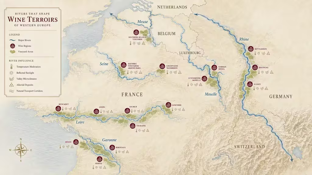 Illustrated map of Western Europe highlighting the major rivers that shape renowned wine regions, including the Rhine, Moselle, Loire, Garonne, Seine, and Meuse, with vineyard locations and a legend explaining their influence on terroir.