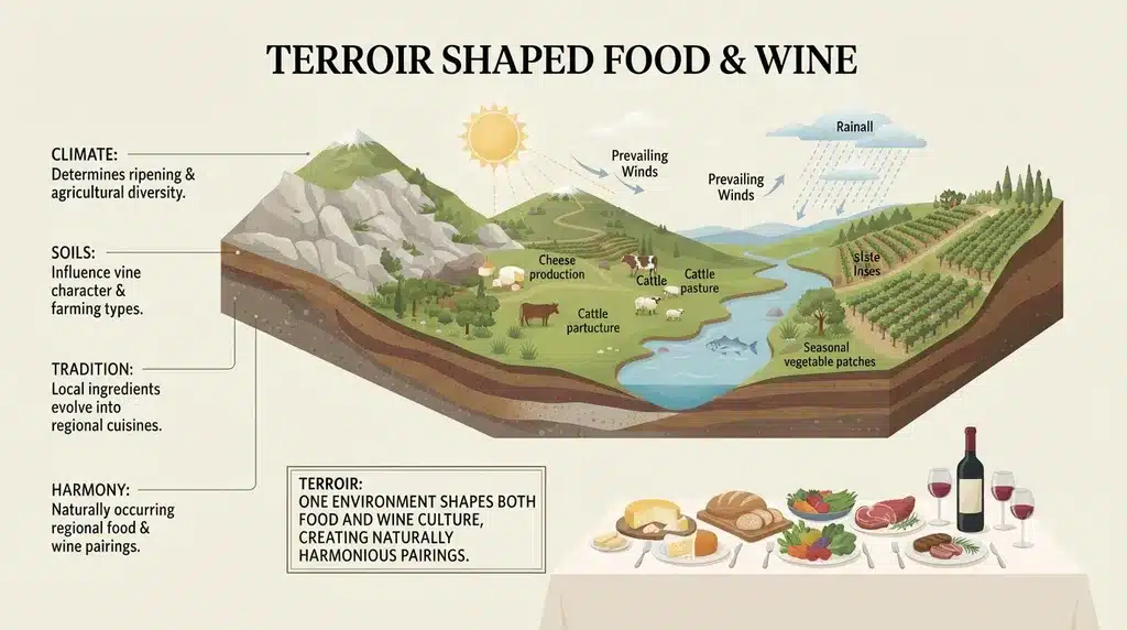 Infographic explaining how terroir shapes both food and wine. in Europe
