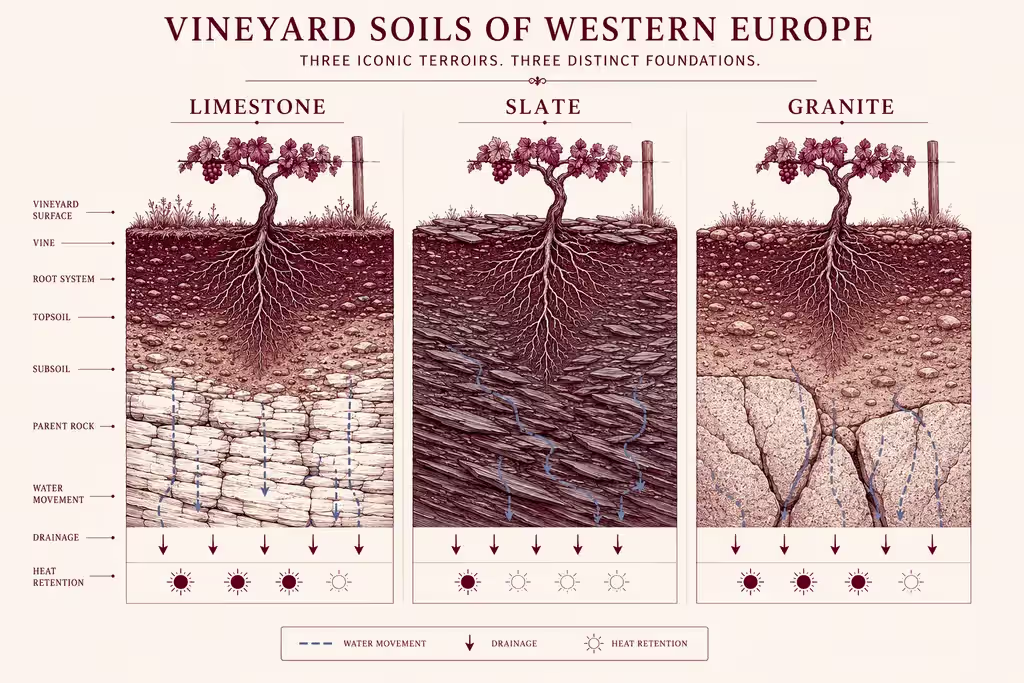 infographic comparing three Western European vineyard soil profiles: limestone, slate, and granite. Three side-by-side vertical cross-sections show a grapevine growing above layered soil with visible root systems extending through topsoil, subsoil, and parent rock