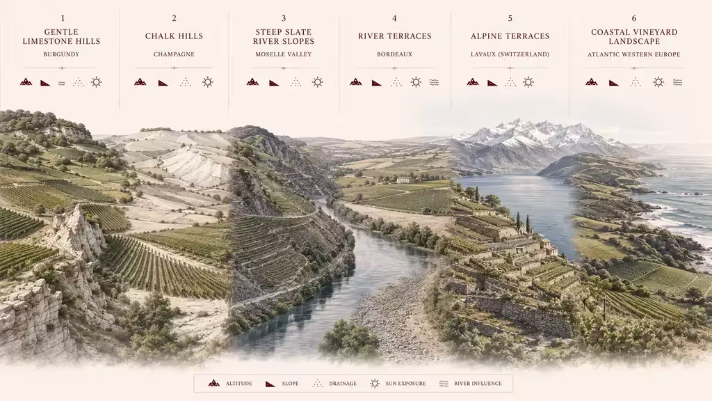 Panoramic illustration comparing six vineyard landscapes across Western Europe: gentle limestone hills in Burgundy, chalk hills in Champagne, steep slate river slopes in the Moselle Valley, gravel river terraces in Bordeaux, alpine vineyard terraces in Lavaux overlooking Lake Geneva, and a coastal vineyard landscape influenced by the Atlantic. Small icons indicate altitude, slope, drainage, sun exposure, and river influence where relevant.