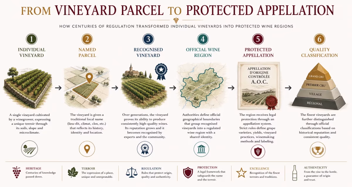 nfographic showing how vineyards progress from individual parcels to protected appellations through regulation, regional recognition, and classification.
